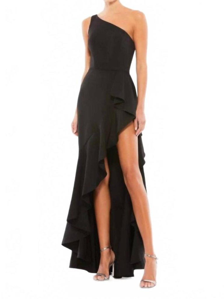 Ieena For Mac Duggal One Shoulder High Slit Ruffle Gown Dress, Black, Size 6